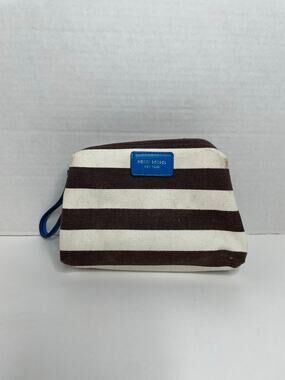 Henri Bendel Cosmetic Bag Brown White Stripe Blue Strap